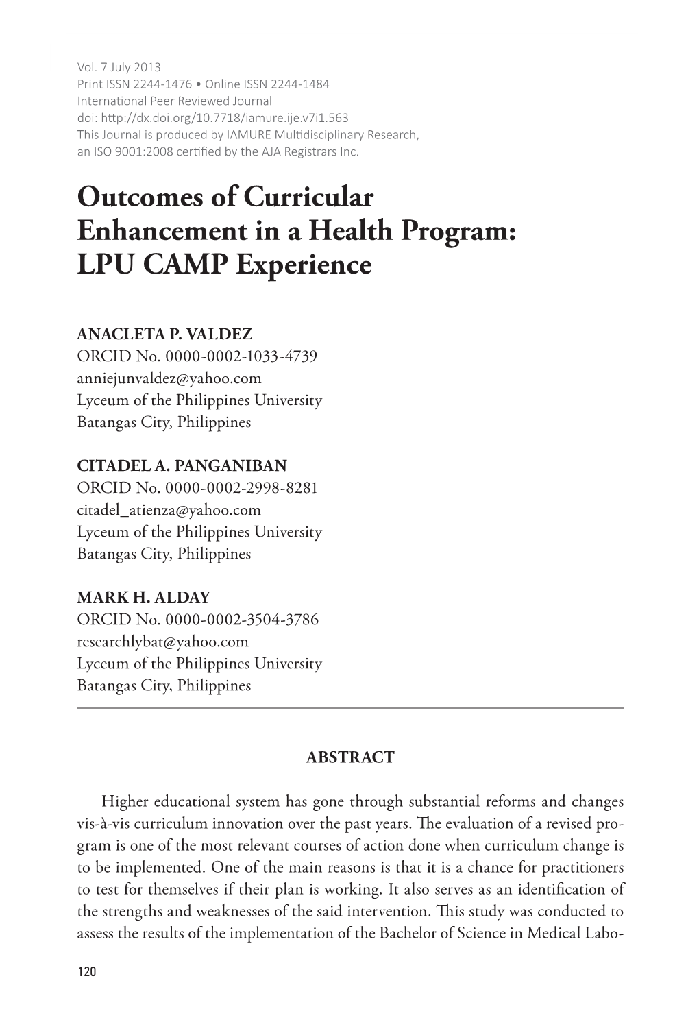 Outcomes of Curricular Enhancement in a Health Program: LPU CAMP Experience