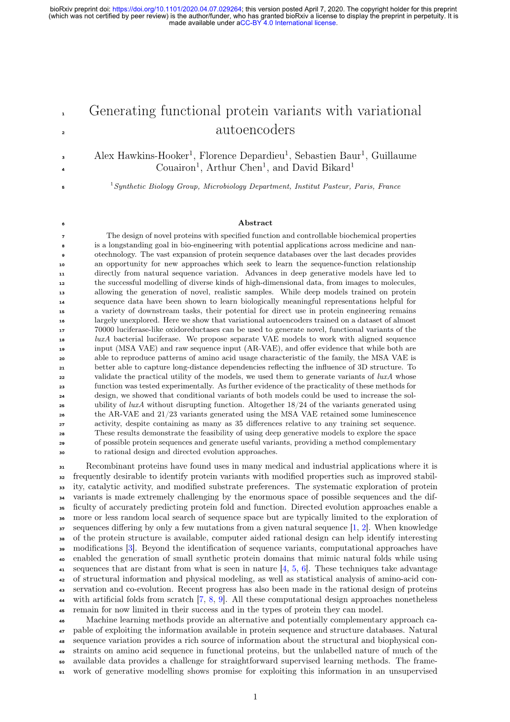 Generating Functional Protein Variants with Variational Autoencoders