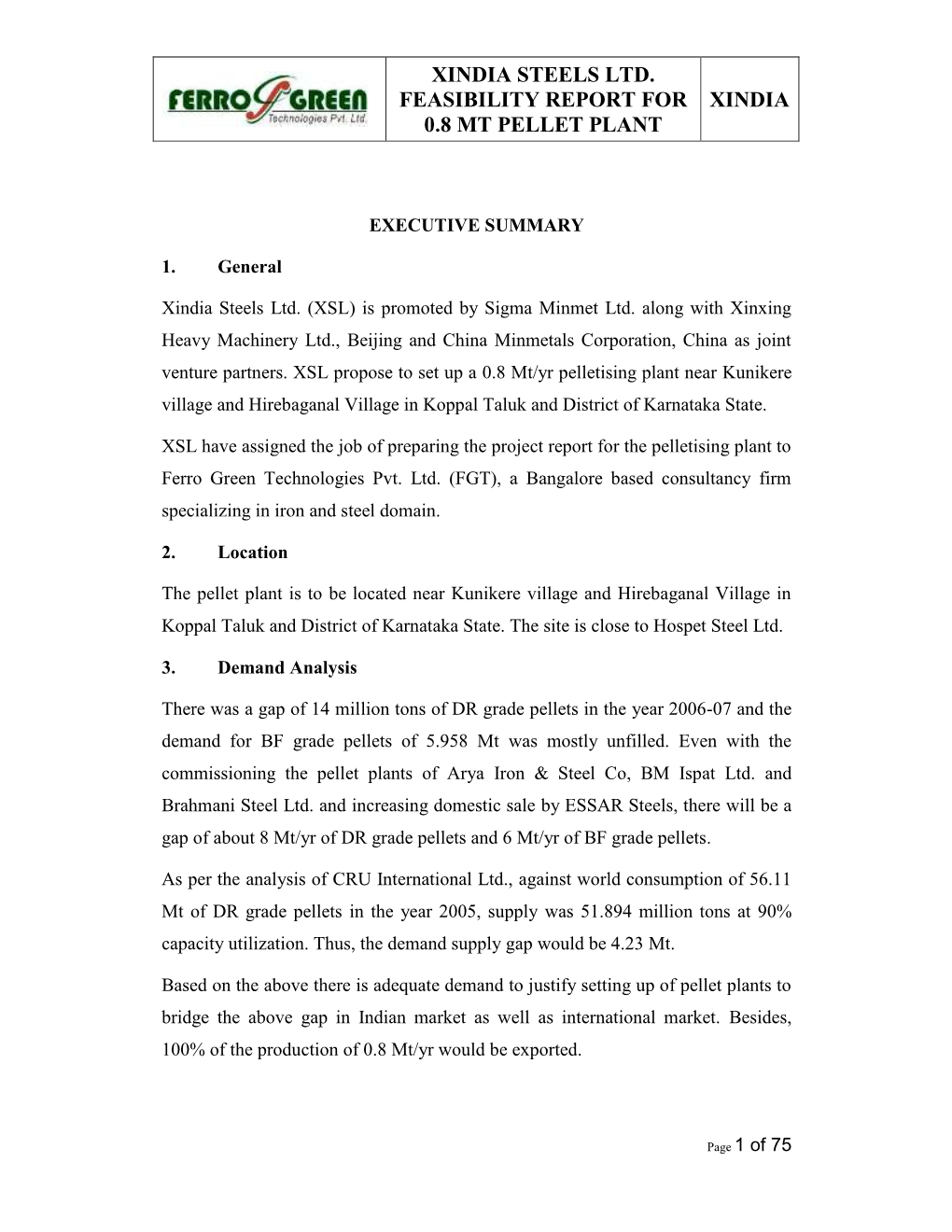 Xindia Steels Ltd. Feasibility Report for 0.8 Mt Pellet