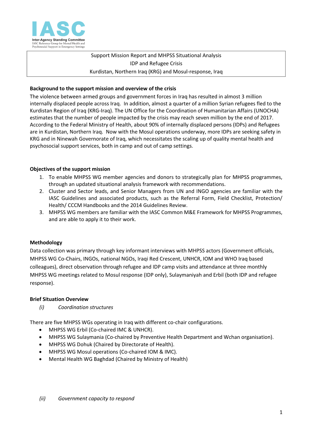 1 Support Mission Report and MHPSS Situational Analysis IDP