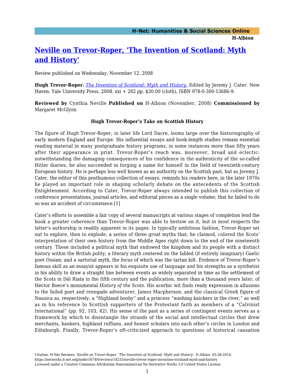 Neville on Trevor-Roper, 'The Invention of Scotland: Myth and History'