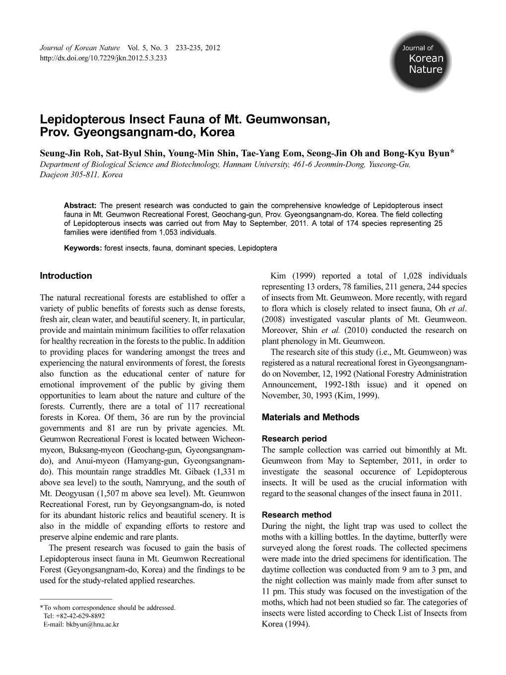 Lepidopterous Insect Fauna of Mt. Geumwonsan, Prov