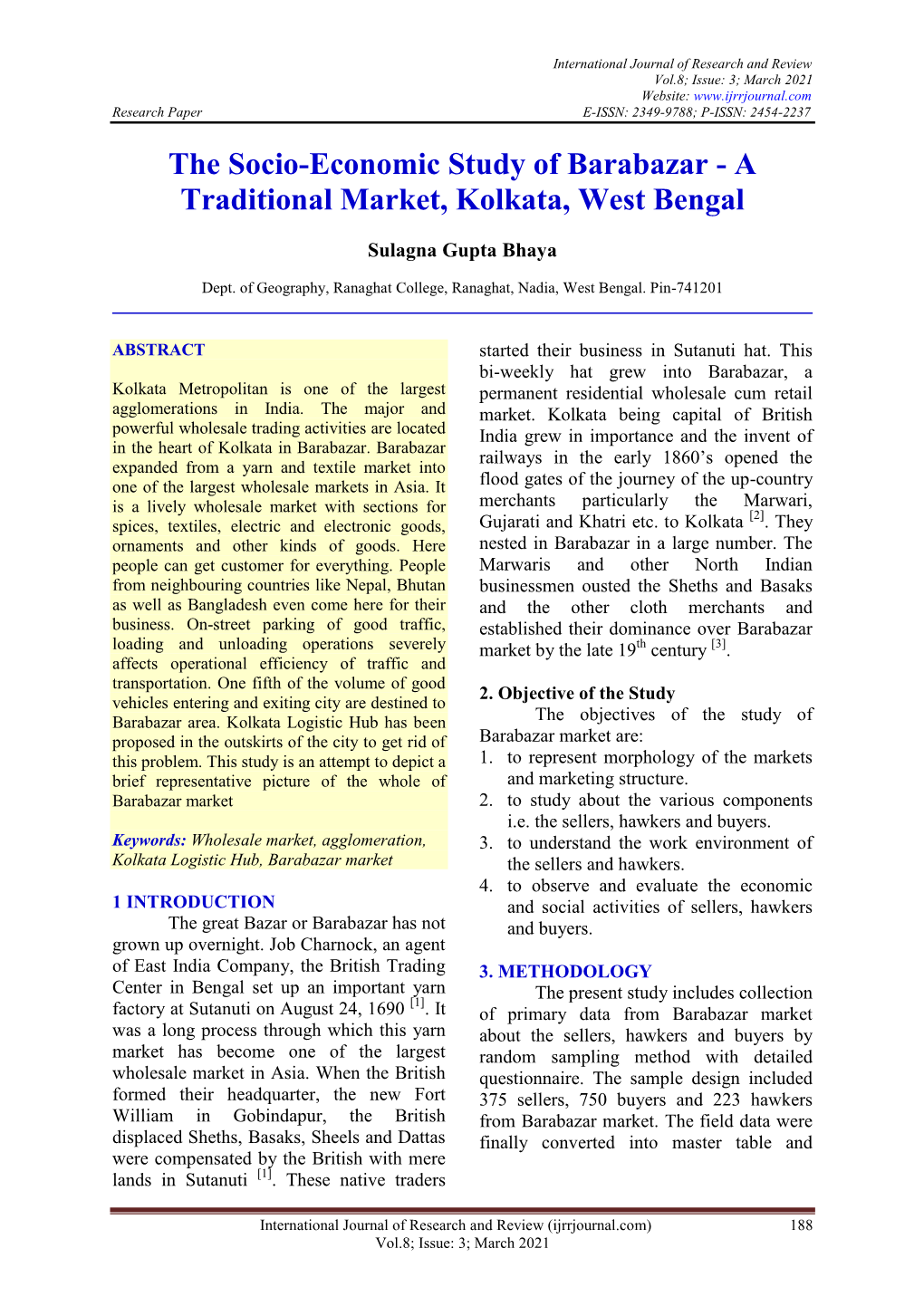 The Socio-Economic Study of Barabazar - a Traditional Market, Kolkata, West Bengal