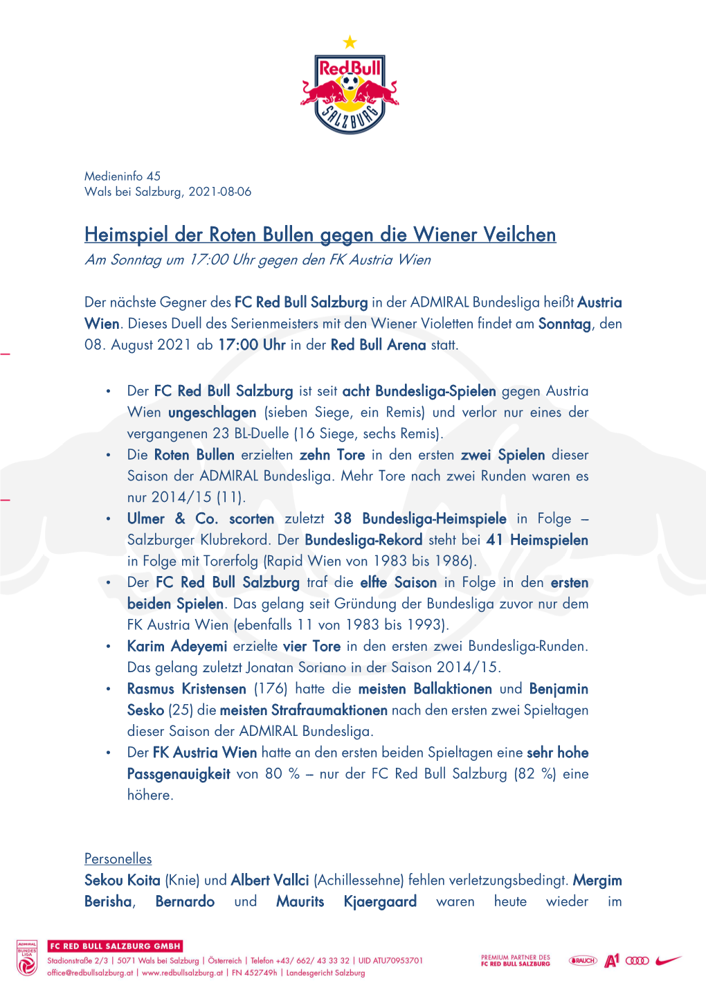 Heimspiel Der Roten Bullen Gegen Die Wiener Veilchen Am Sonntag Um 17:00 Uhr Gegen Den FK Austria Wien