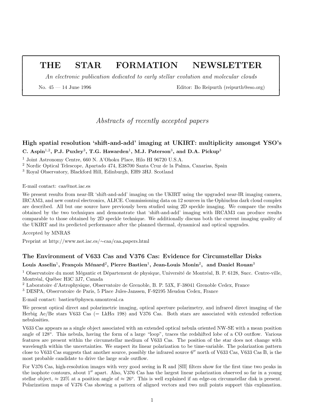 THE STAR FORMATION NEWSLETTER an Electronic Publication Dedicated to Early Stellar Evolution and Molecular Clouds