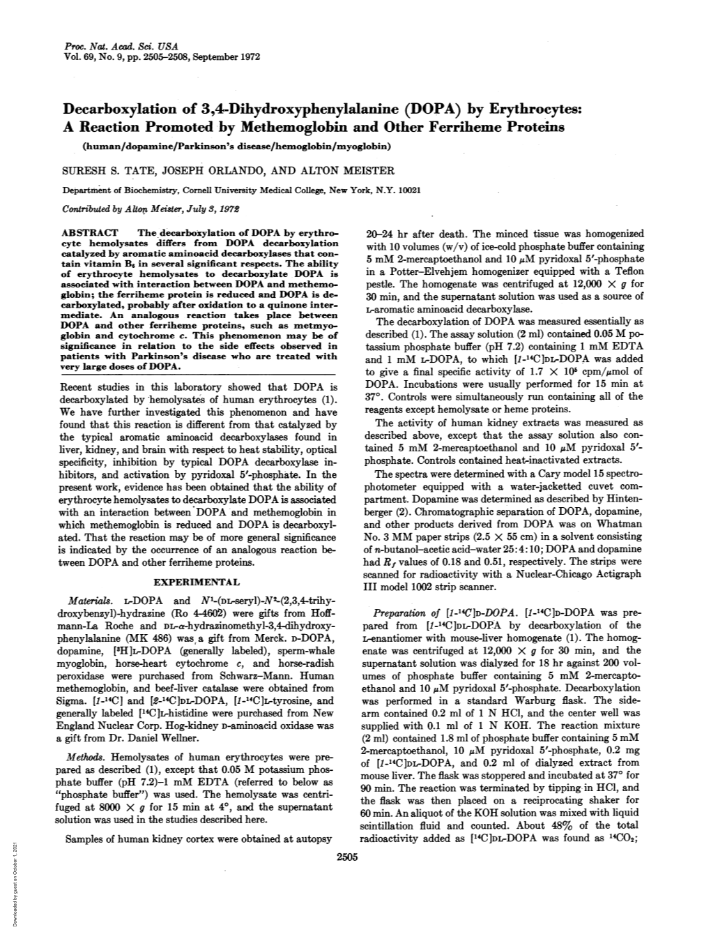 Decarboxylation of 3,4-Dihydroxyphenylalanine (DOPA) by Erythrocytes: a Reaction Promoted-By Methemoglobin and Other Ferriheme P