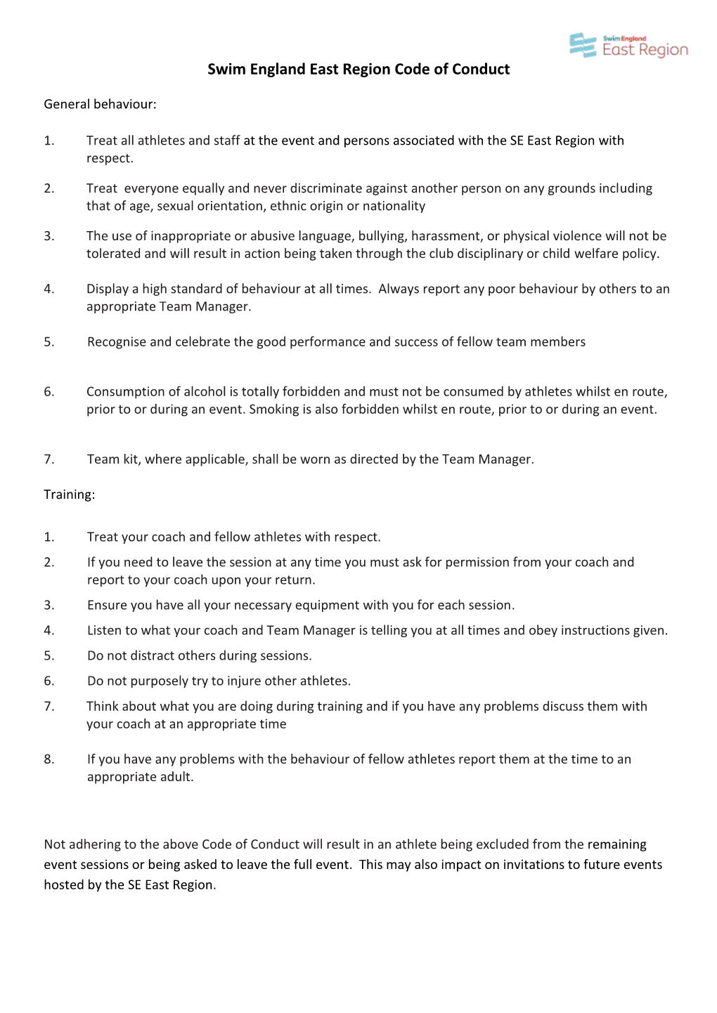 Swim England East Region Code of Conduct