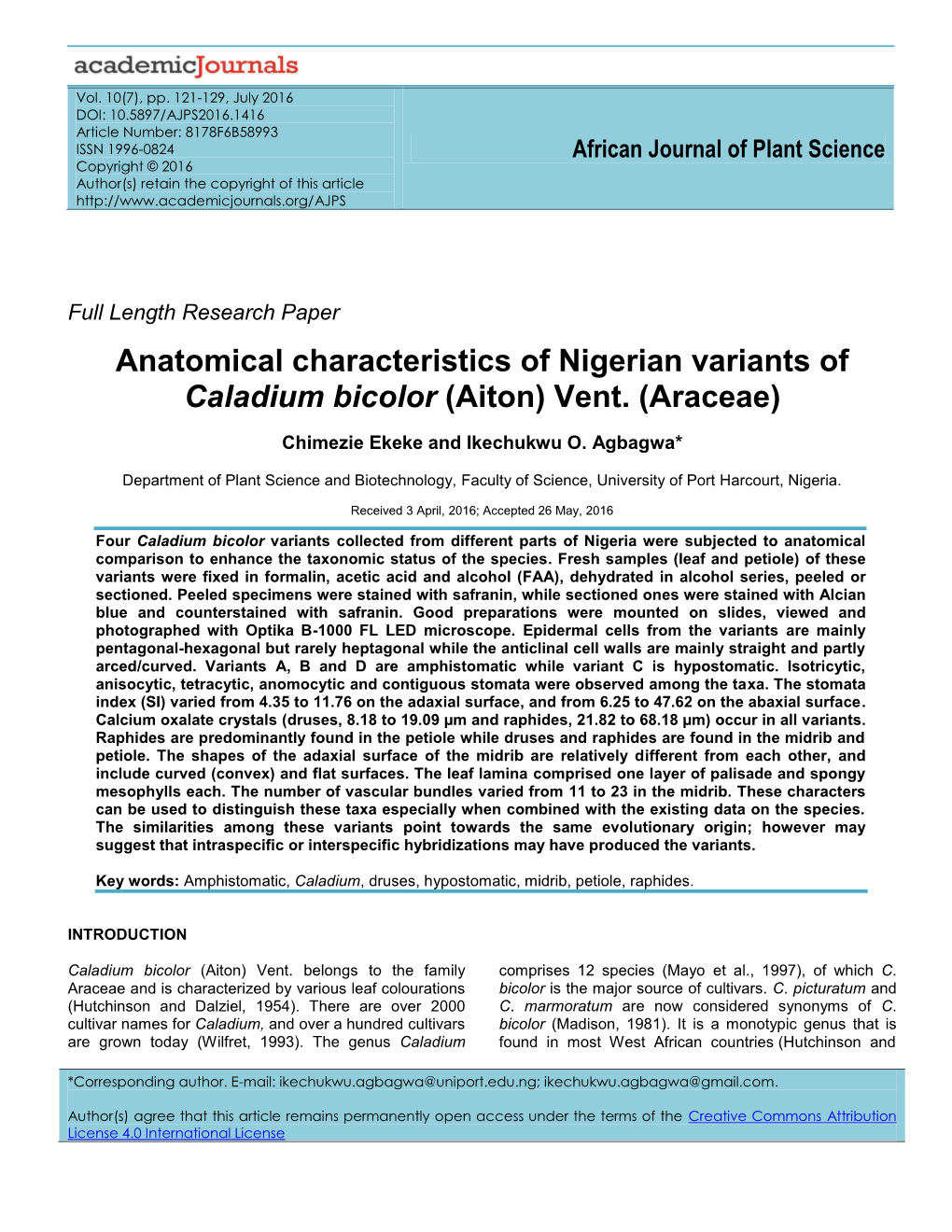 Anatomical Characteristics of Nigerian Variants of Caladium Bicolor (Aiton) Vent. (Araceae)