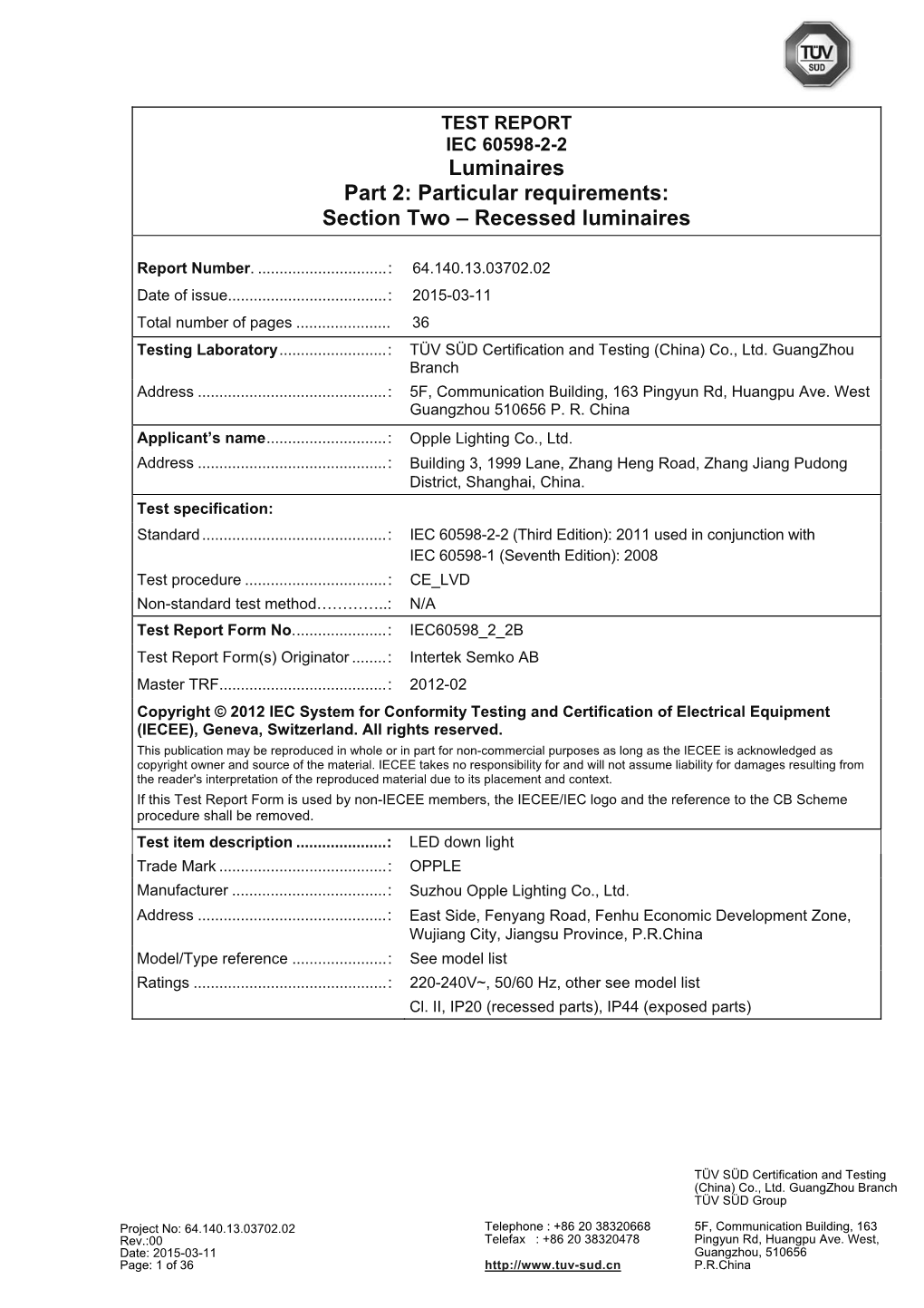 Luminaires Part 2: Particular Requirements: Section Two – Recessed Luminaires