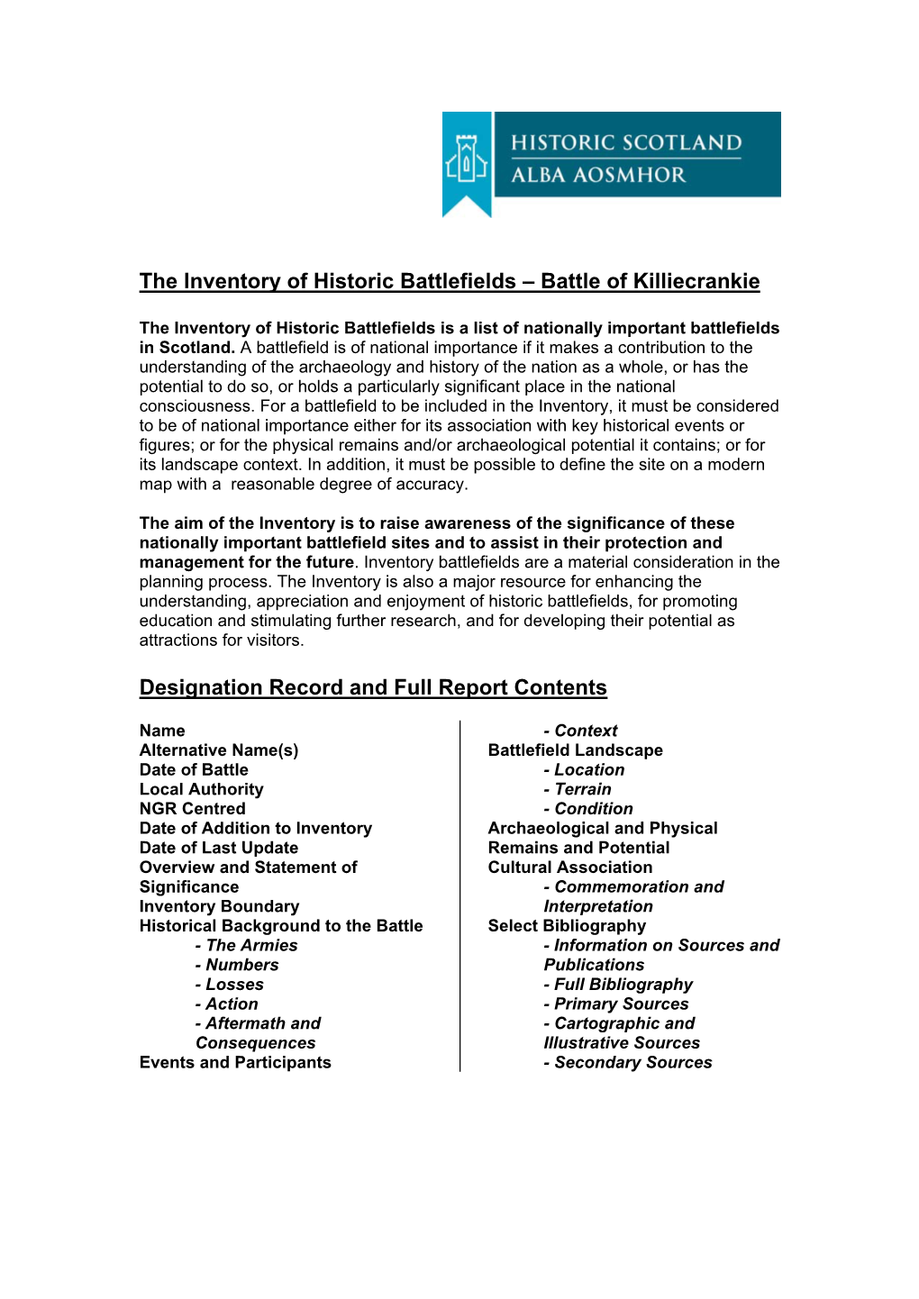 The Inventory of Historic Battlefields – Battle of Killiecrankie Designation