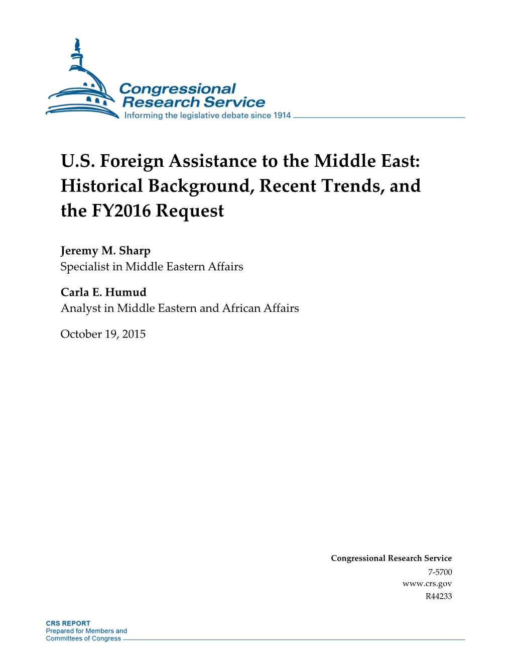 U.S. Foreign Assistance to the Middle East: Historical Background, Recent Trends, and the FY2016 Request