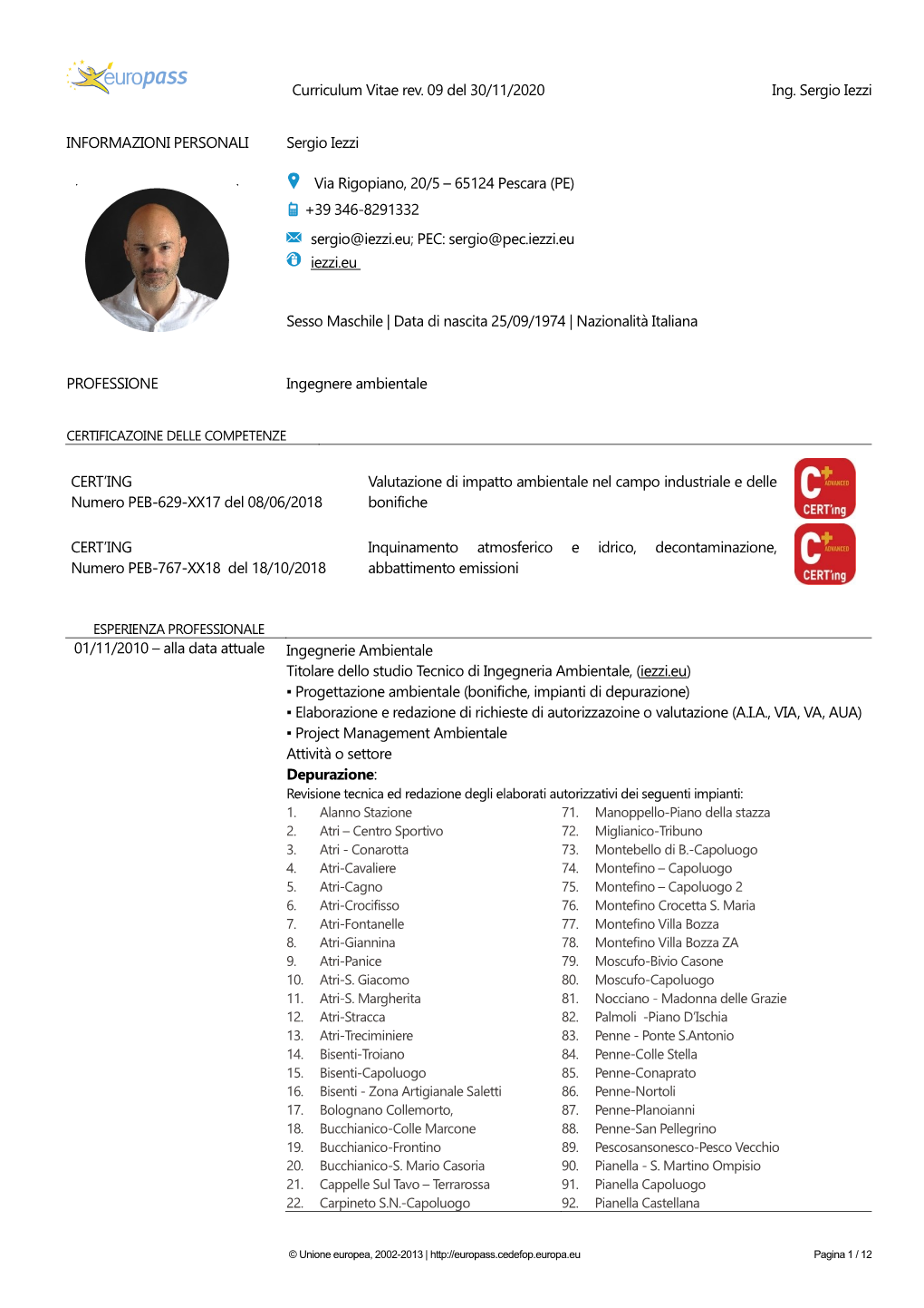 Curriculum Vitae Rev. 09 Del 30/11/2020 Ing. Sergio Iezzi