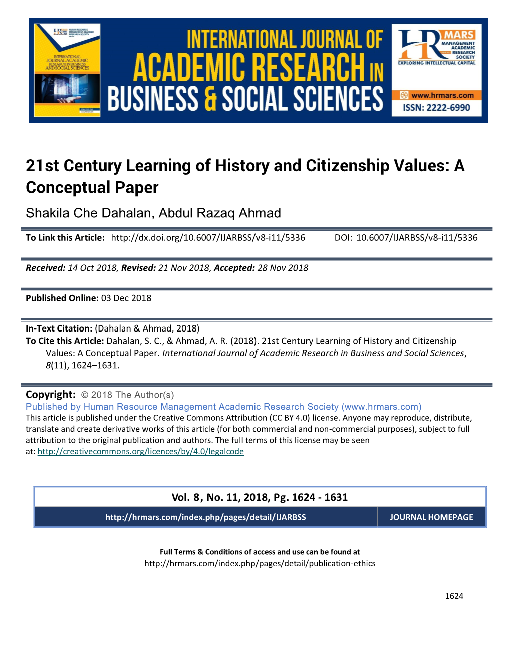 21St Century Learning of History and Citizenship Values: a Conceptual Paper