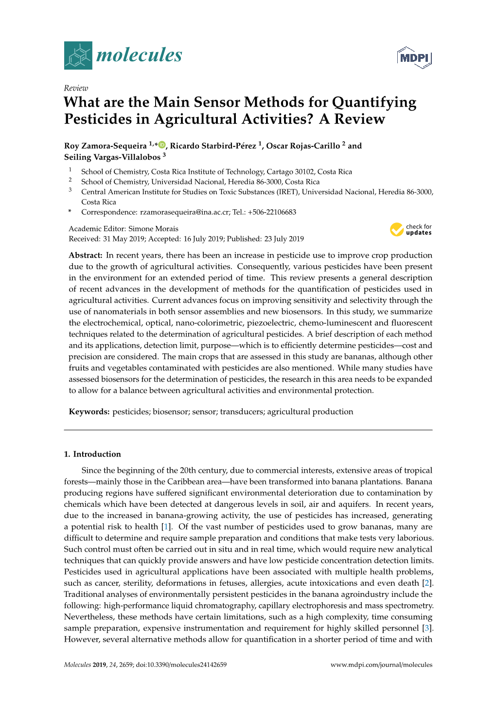 What Are the Main Sensor Methods for Quantifying Pesticides in Agricultural Activities? a Review