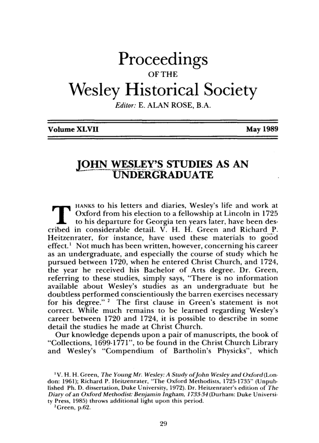 Proceedings Wesley Historical Society