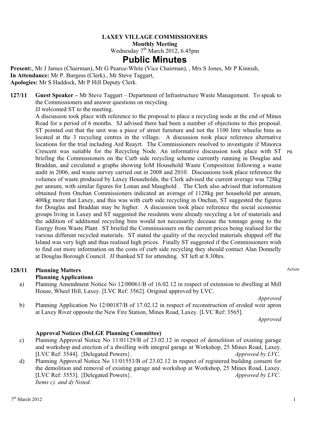 Public Minutes Present:, Mr J James (Chairman), Mr G Pearce-White (Vice Chairman), , Mrs S Jones, Mr P Kinnish, in Attendance: Mr P