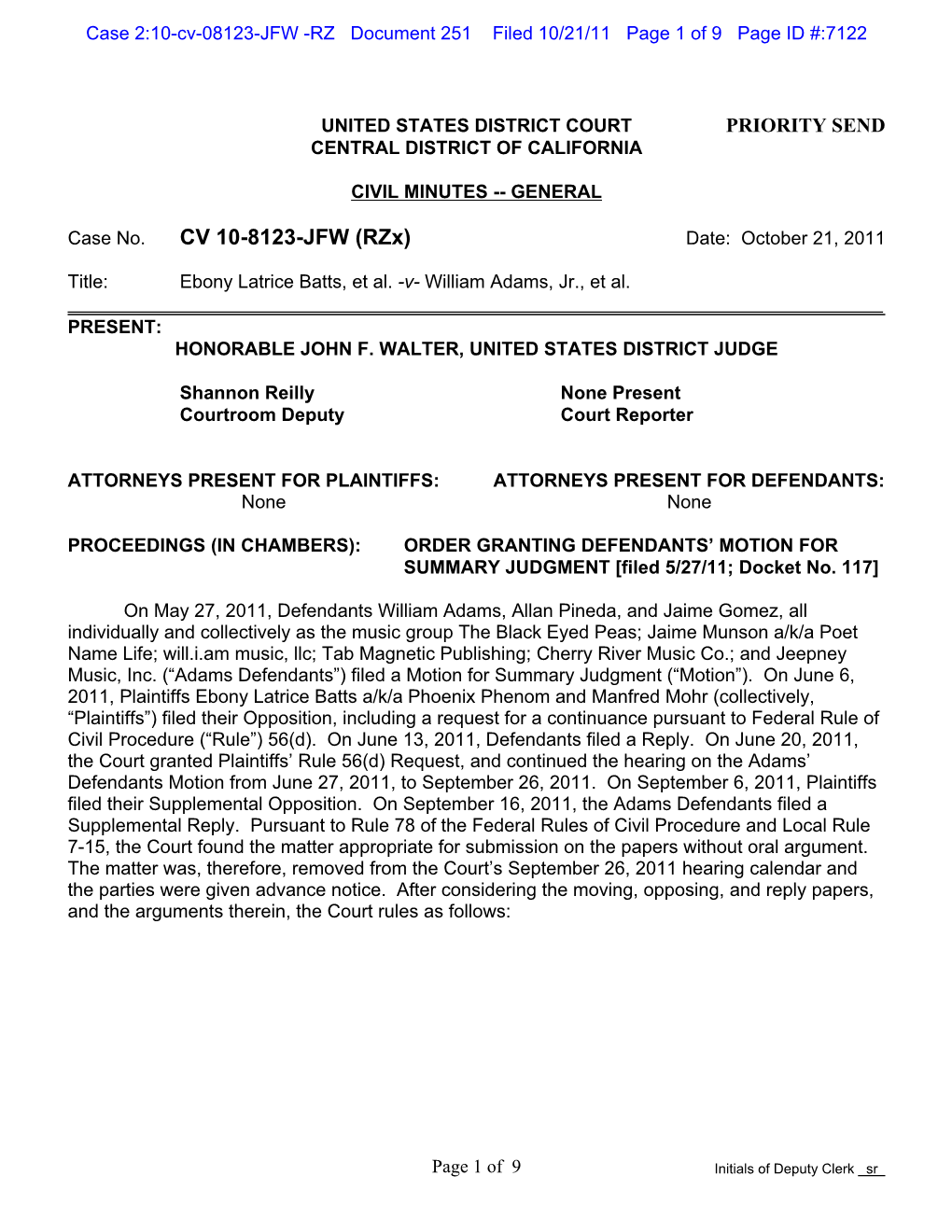 Order Granting Defendants' Motion for Summary Judgment