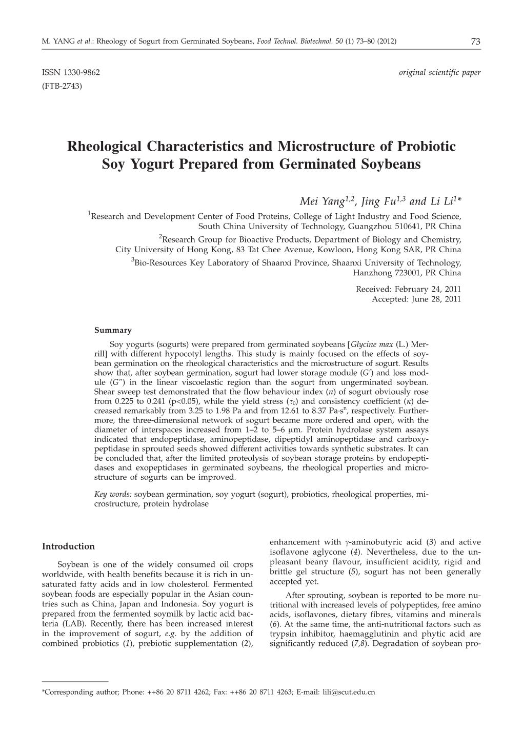 Rheological Characteristics and Microstructure of Probiotic Soy Yogurt Prepared from Germinated Soybeans