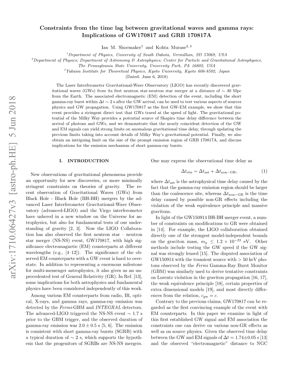 Arxiv:1710.06427V3 [Astro-Ph.HE] 5 Jun 2018 Precedented Test of General Relativity (GR)