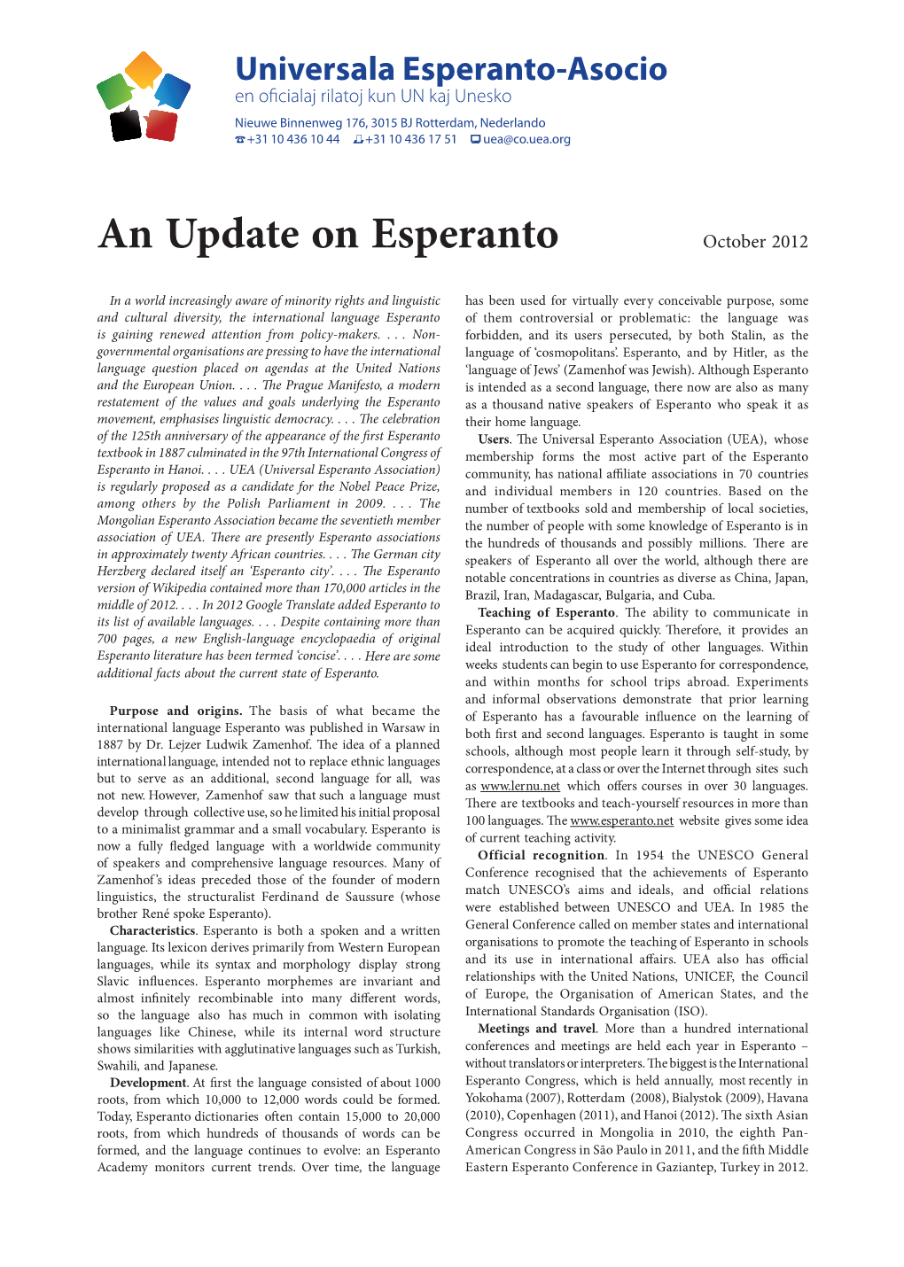 An Update on Esperanto October 2012