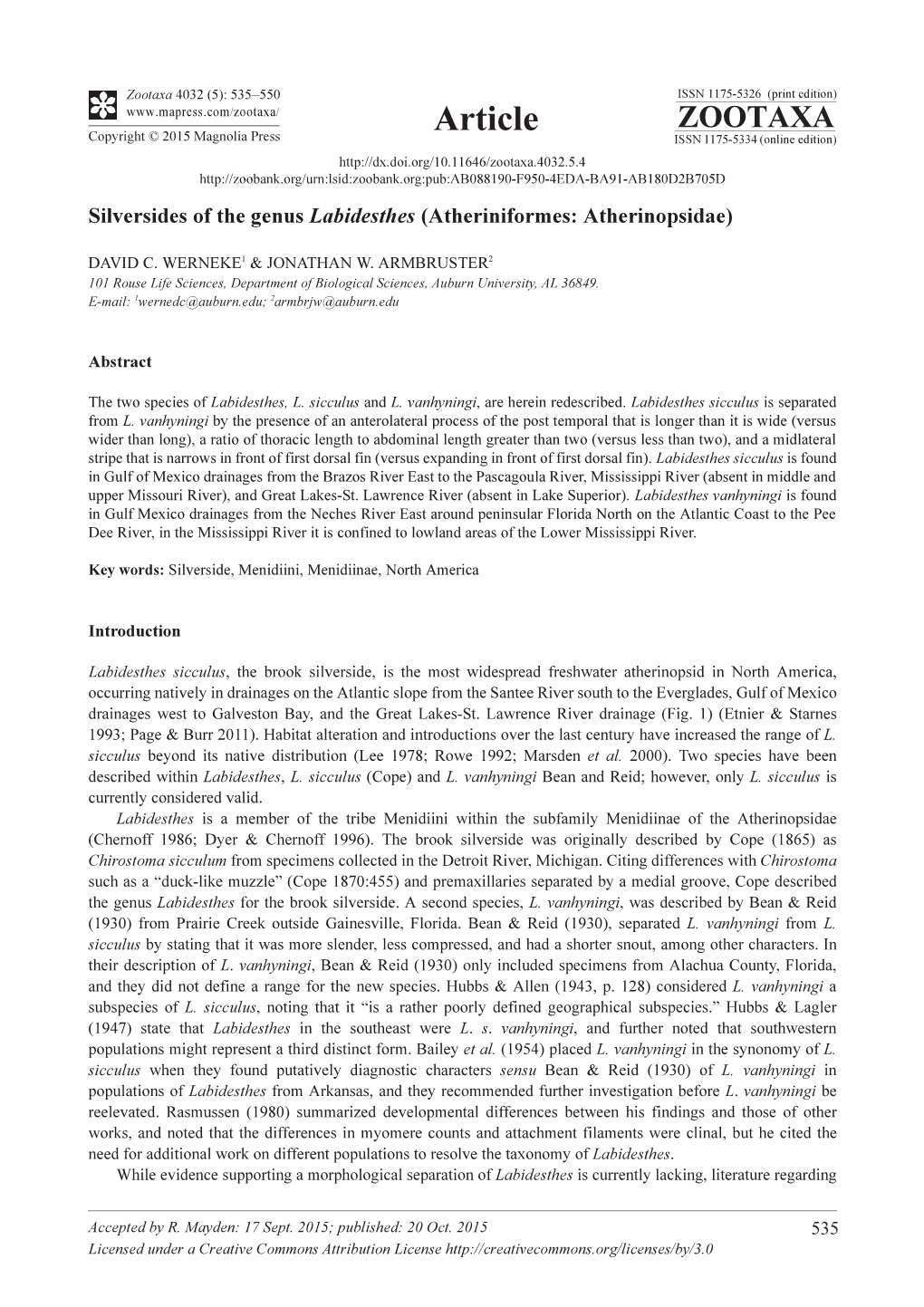 Silversides of the Genus Labidesthes (Atheriniformes: Atherinopsidae)