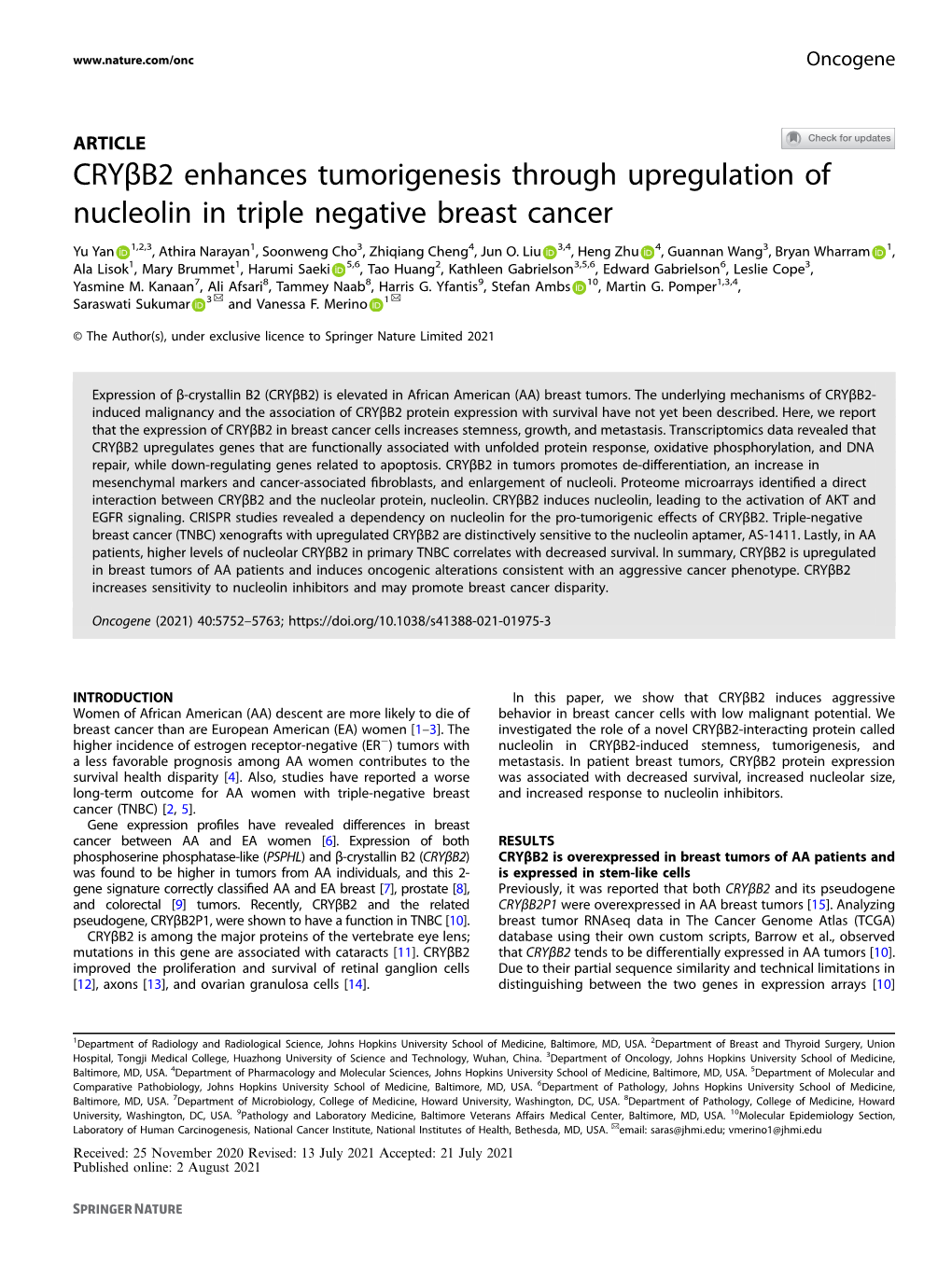 Cryβb2 Enhances Tumorigenesis Through Upregulation of Nucleolin in Triple Negative Breast Cancer