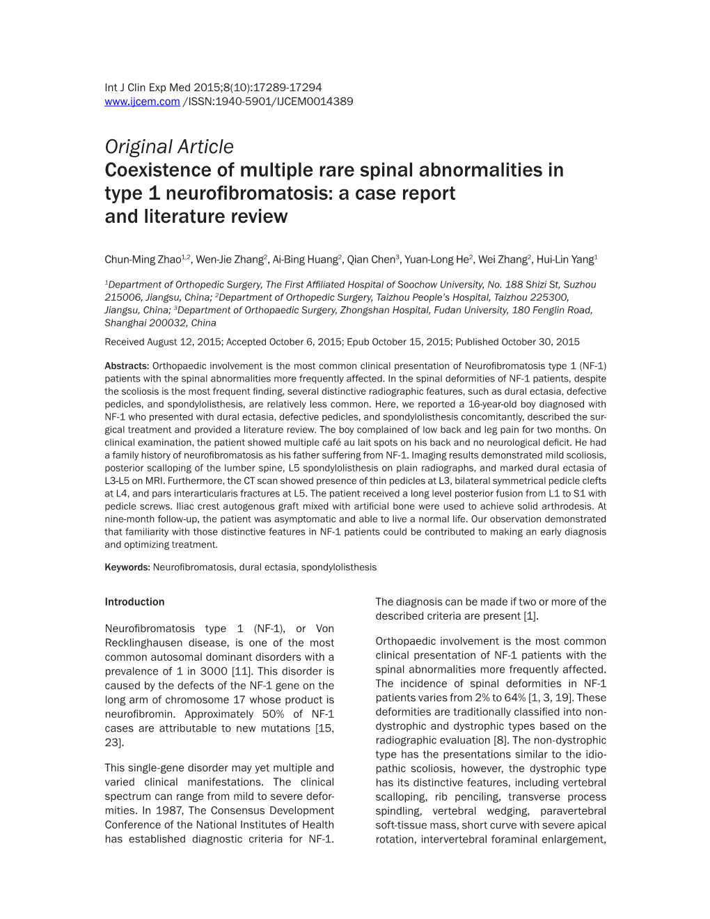 Original Article Coexistence of Multiple Rare Spinal Abnormalities in Type 1 Neurofibromatosis: a Case Report and Literature Review