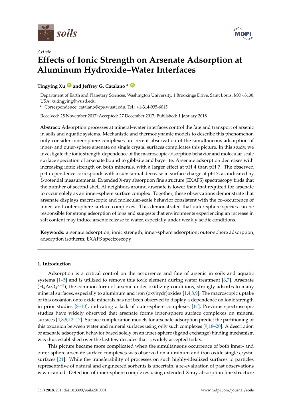 Effects of Ionic Strength on Arsenate Adsorption at Aluminum Hydroxide–Water Interfaces