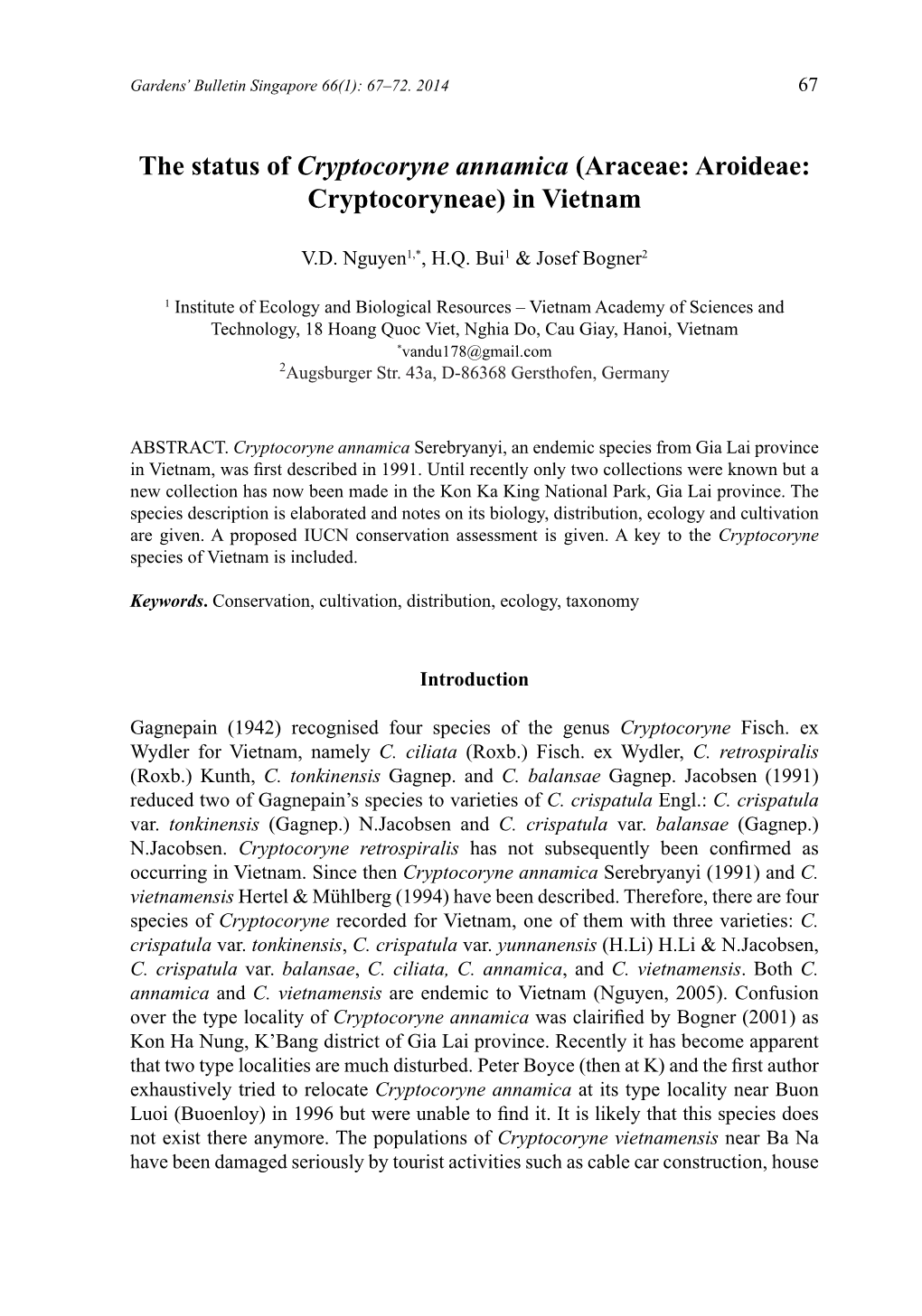 The Status of Cryptocoryne Annamica (Araceae: Aroideae: Cryptocoryneae) in Vietnam