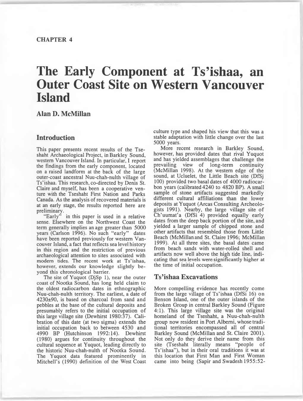 The Early Component at Ts'ishaa, an Outer Coast Site on Western