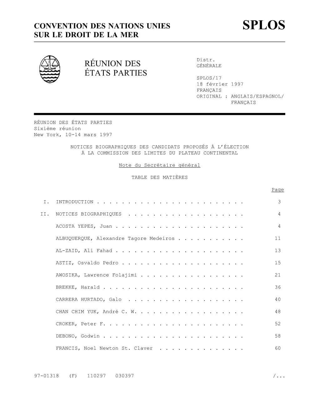 RÉUNION DES ÉTATS PARTIES Sixième Réunion New York, 10-14 Mars 1997