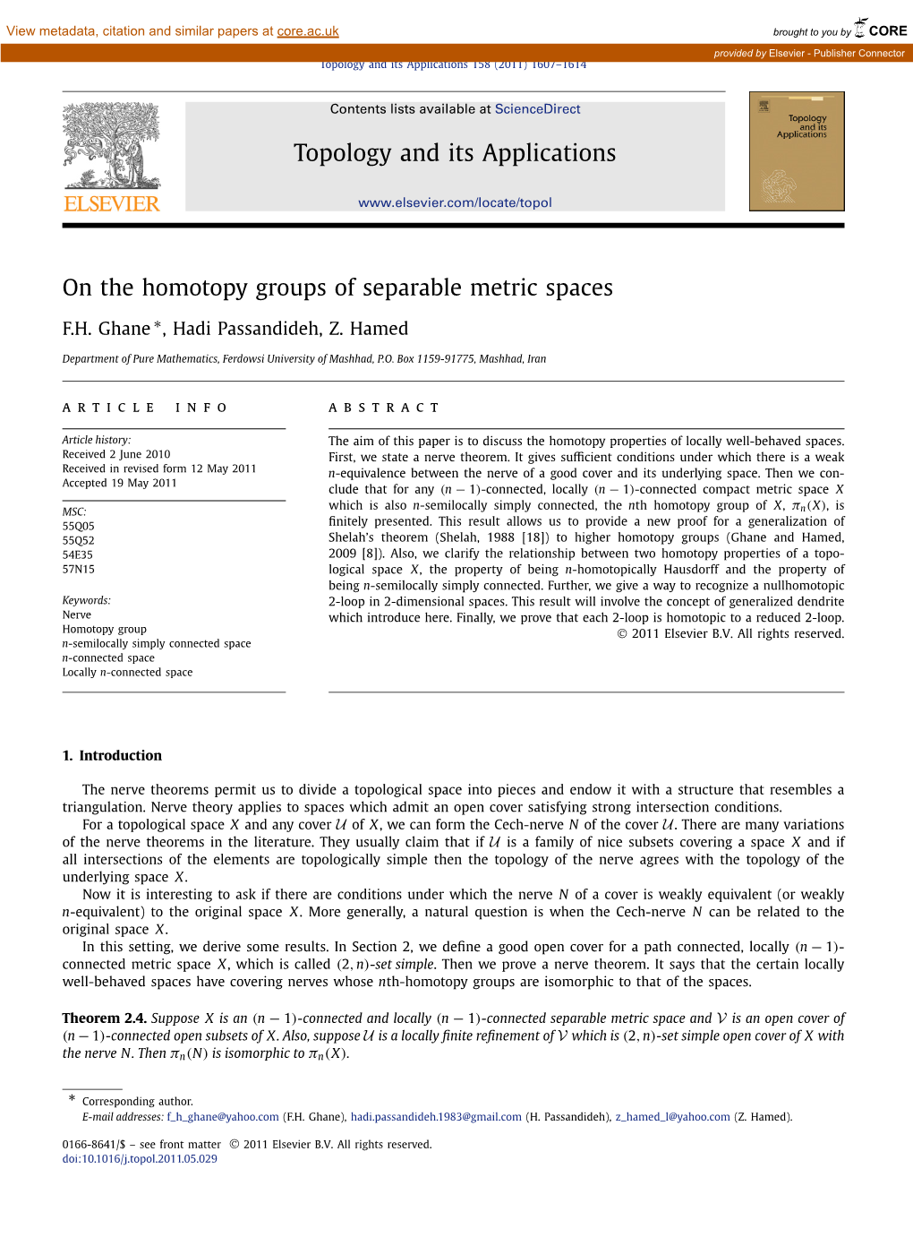 On the Homotopy Groups of Separable Metric Spaces ∗ F.H