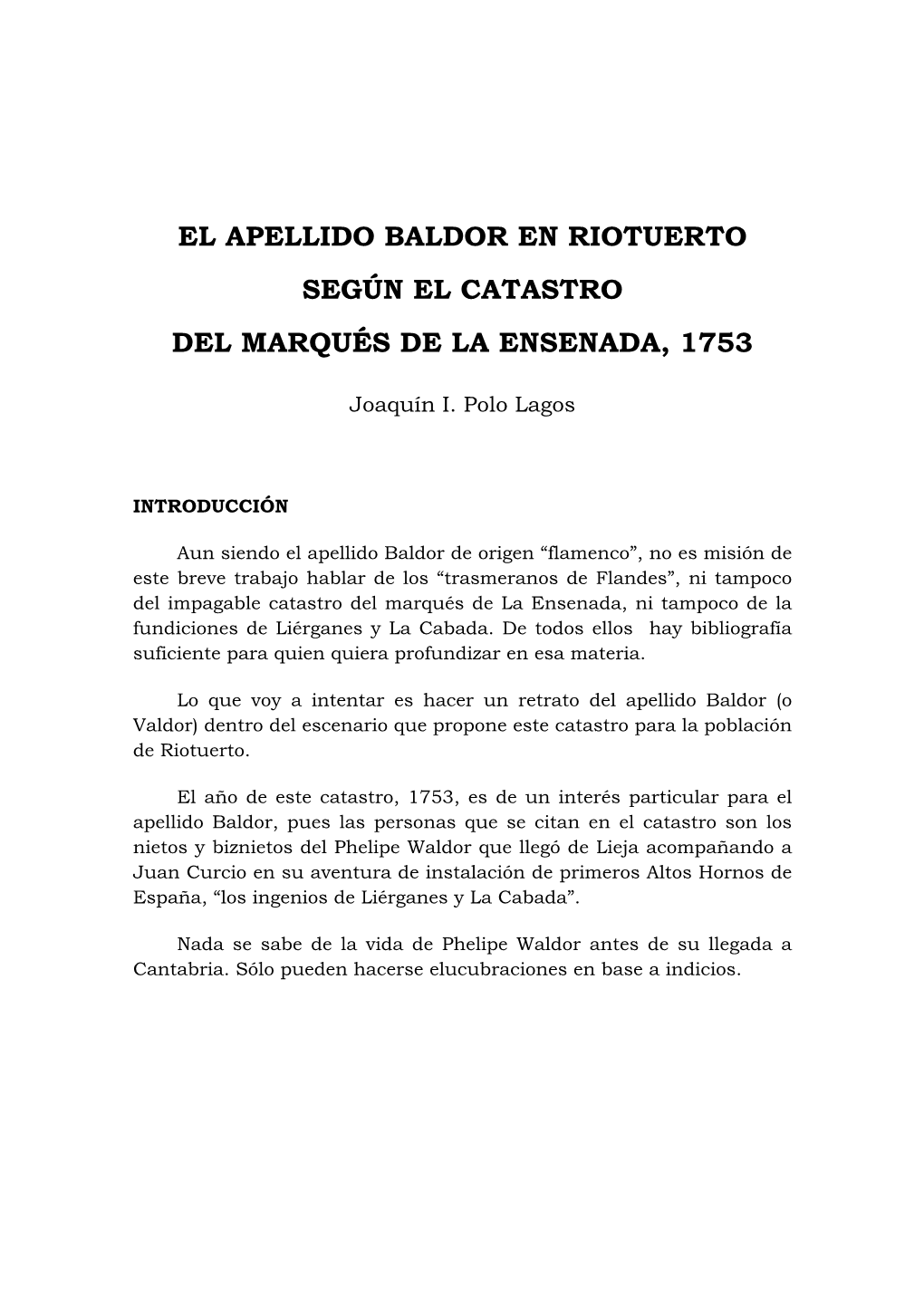 El Apellido Baldor En Riotuerto Según El Catastro Del Marqués De La Ensenada, 1753