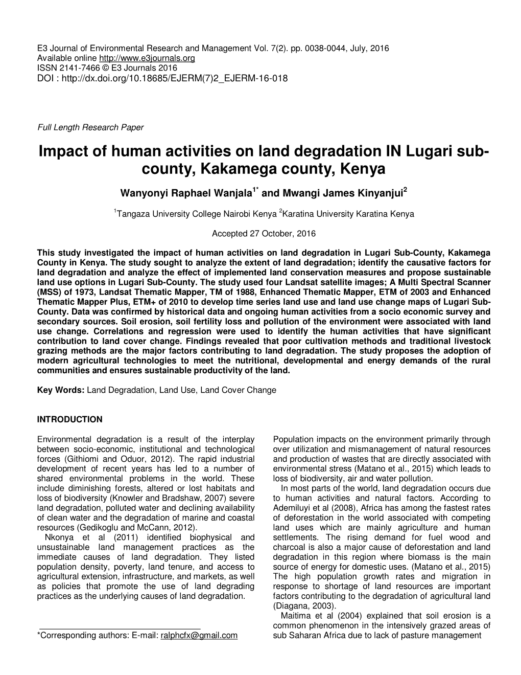 Impact of Human Activities on Land Degradation in Lugari Sub- County, Kakamega County, Kenya