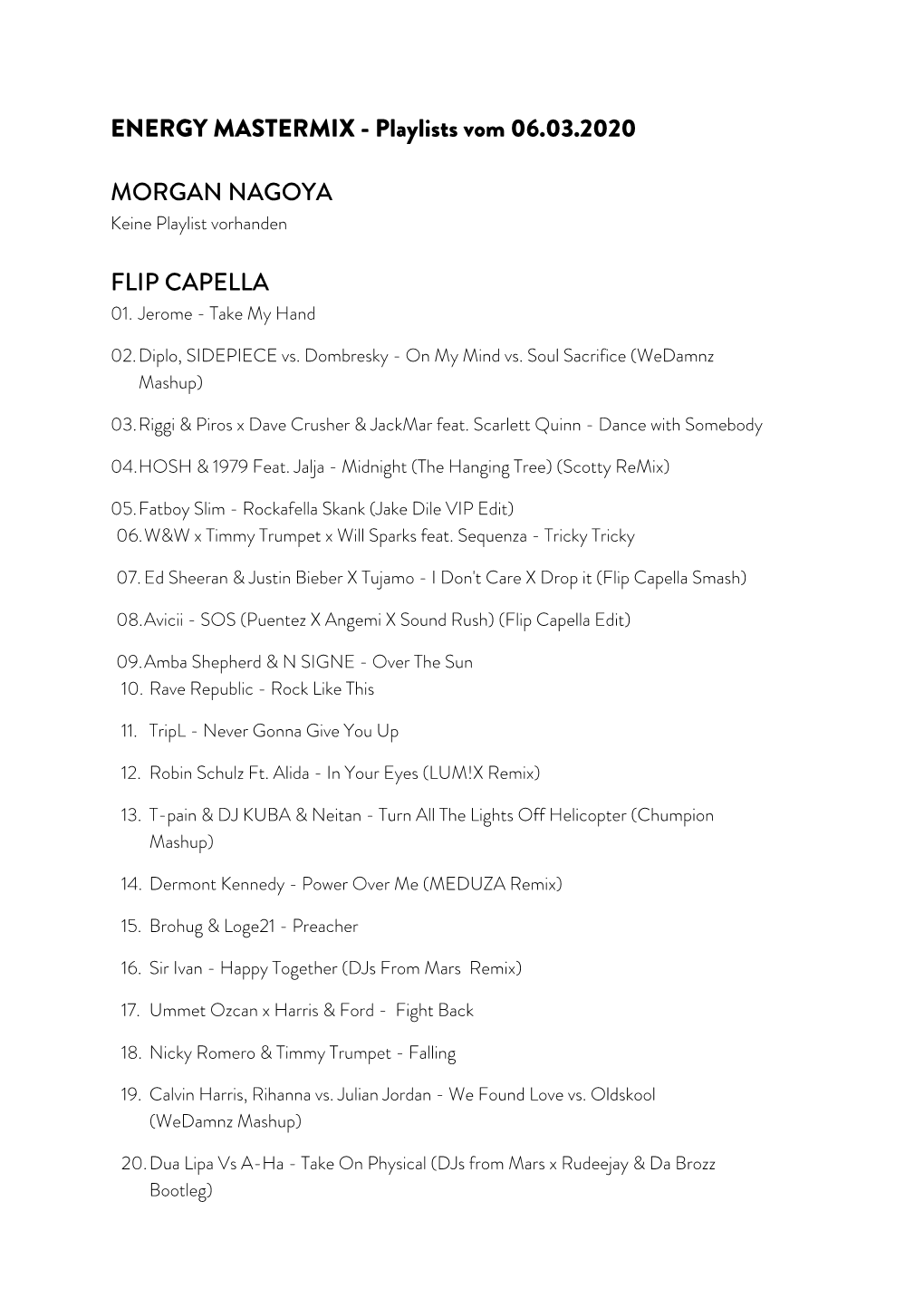 Playlists Vom 06.03.2020 MORGAN NAGOYA FLIP CAPELLA