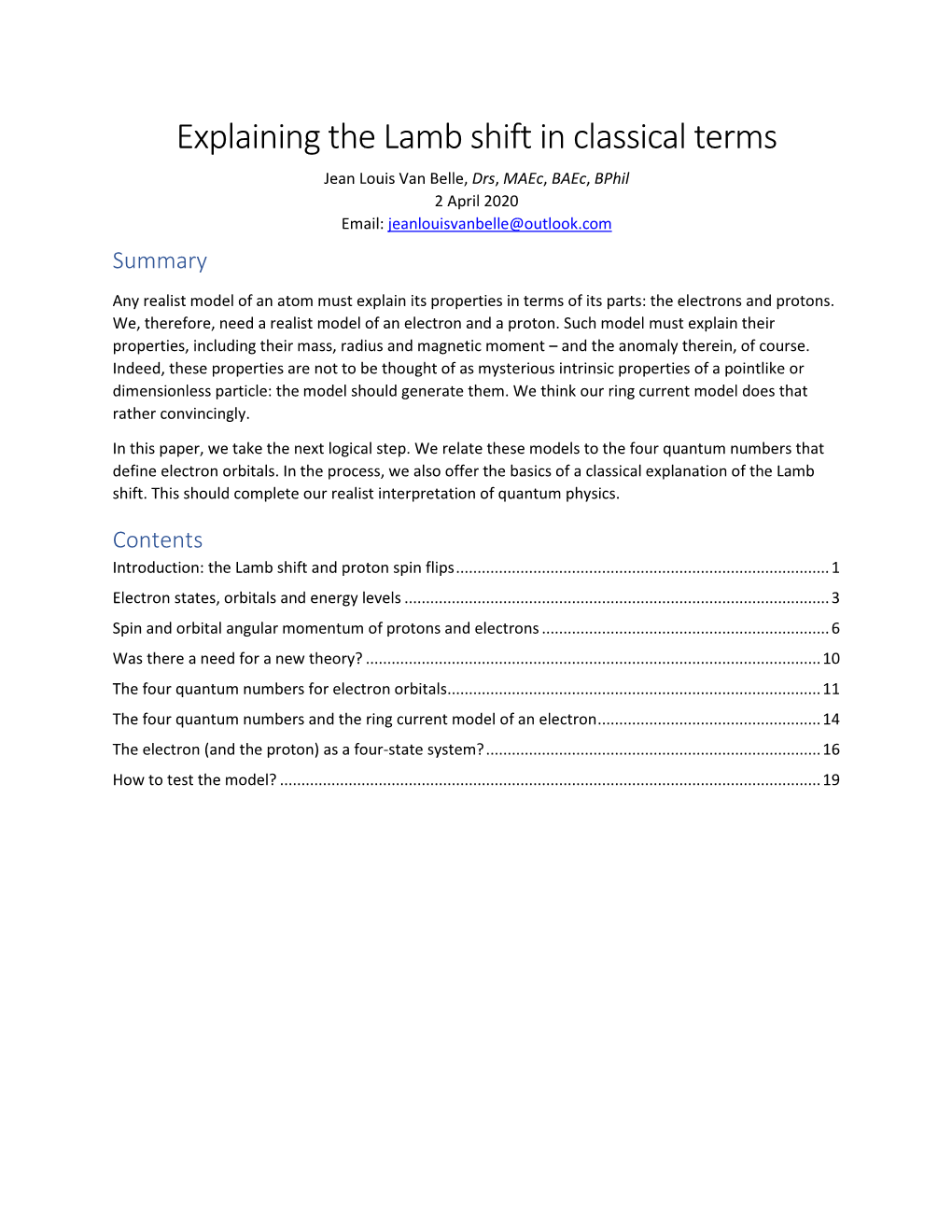 The Lamb Shift in Classical Terms Jean Louis Van Belle, Drs, Maec, Baec, Bphil 2 April 2020 Email: Jeanlouisvanbelle@Outlook.Com Summary