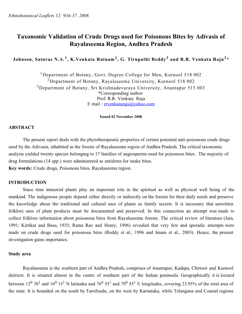 Taxonomic Validation of Crude Drugs Used for Poisonous Bites by Adivasis of Rayalaseema Region, Andhra Pradesh