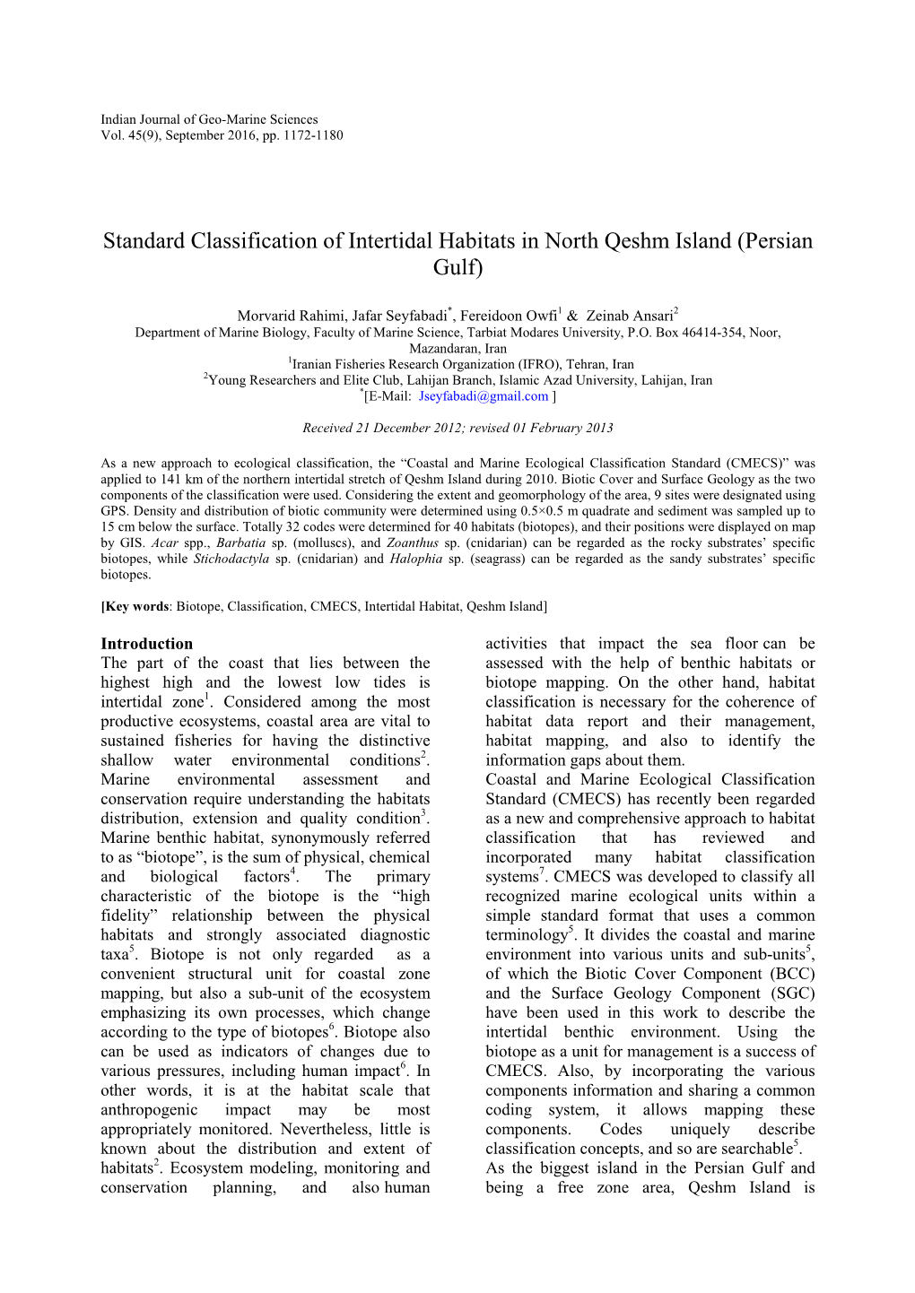 Standard Classification of Intertidal Habitats in North Qeshm Island (Persian Gulf)