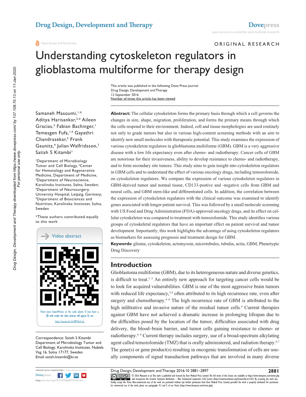 Understanding Cytoskeleton Regulators in Glioblastoma Multiforme for Therapy Design