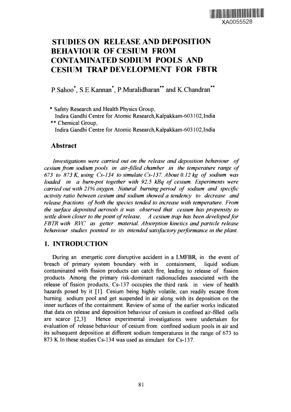 Studies on Release and Deposition Behaviour of Cesium from Contaminated Sodium Pools and Cesium Trap Development for Fbtr