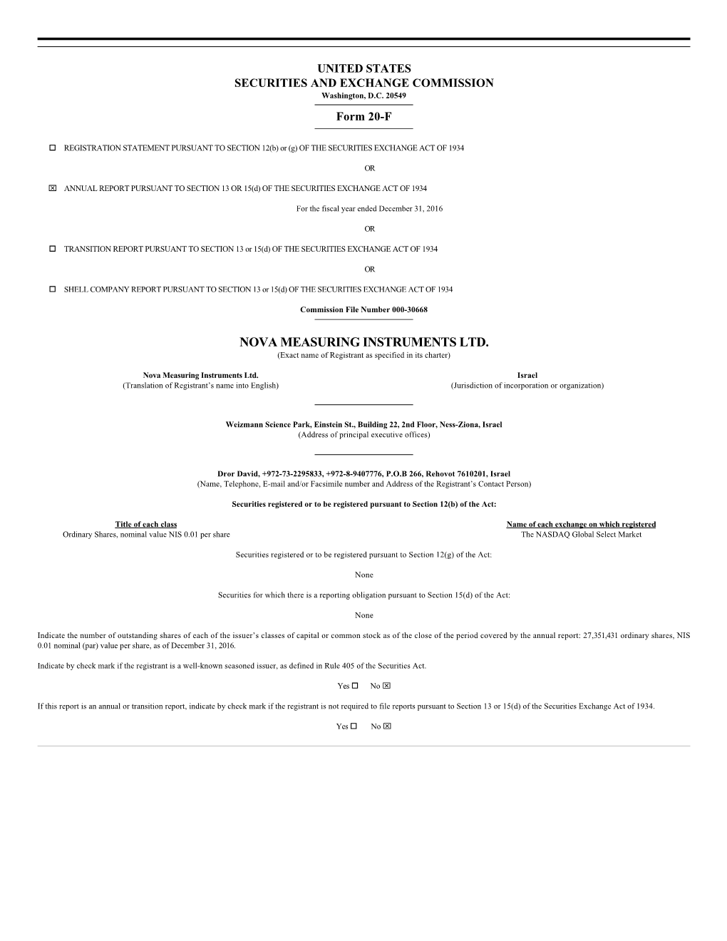 NOVA MEASURING INSTRUMENTS LTD. (Exact Name of Registrant As Specified in Its Charter)