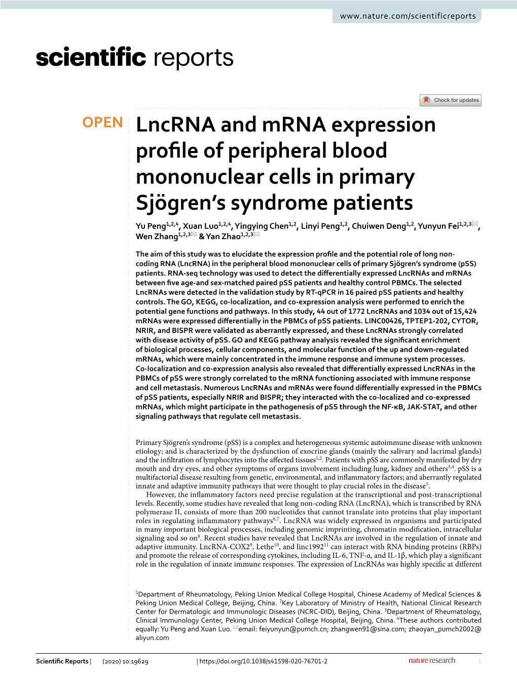 Lncrna and Mrna Expression Profile of Peripheral Blood Mononuclear