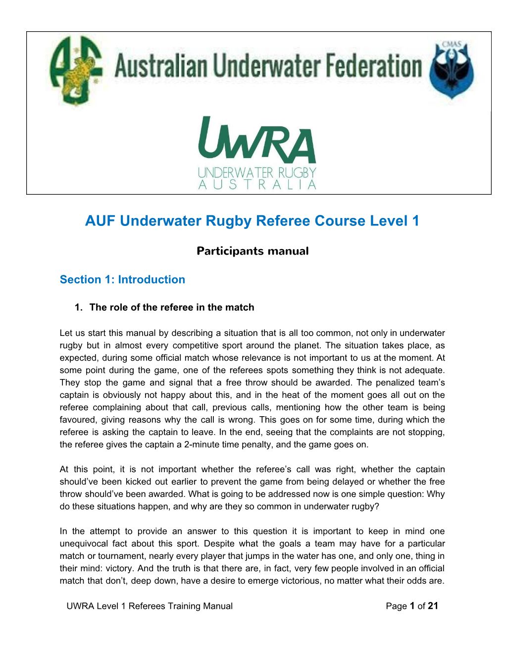 AUF Underwater Rugby Referee Course Level 1