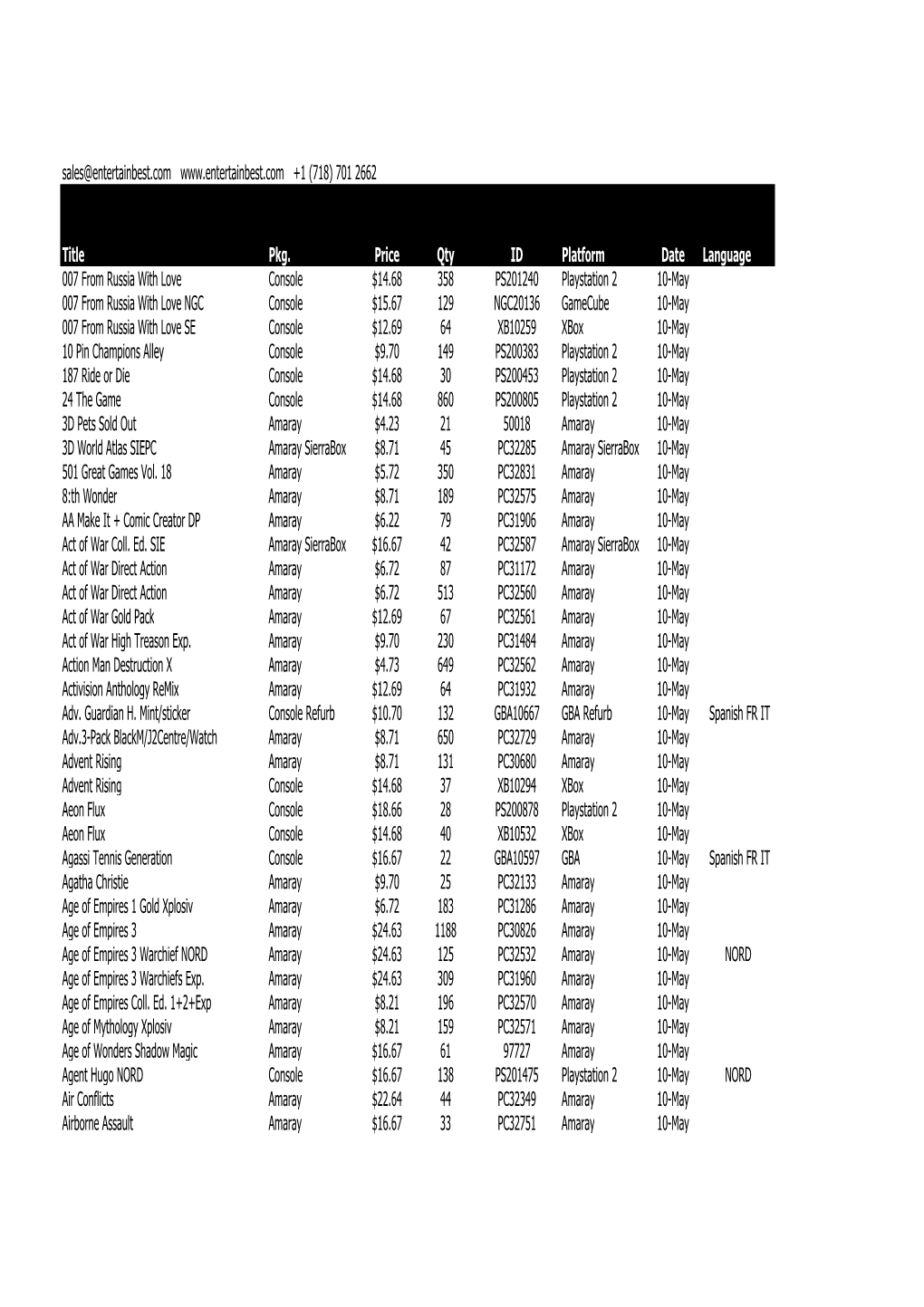 Sales@Entertainbest.Com +1 (718) 701 2662 Title Pkg. Price Qty ID Platform Date Language 007 from Russ