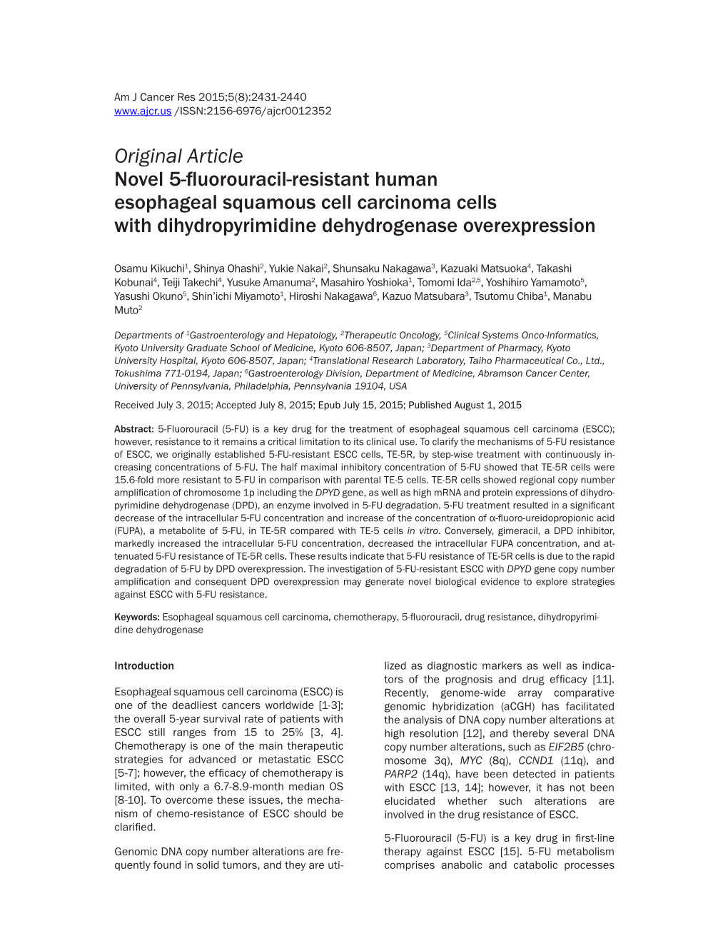 Original Article Novel 5-Fluorouracil-Resistant Human Esophageal Squamous Cell Carcinoma Cells with Dihydropyrimidine Dehydrogenase Overexpression