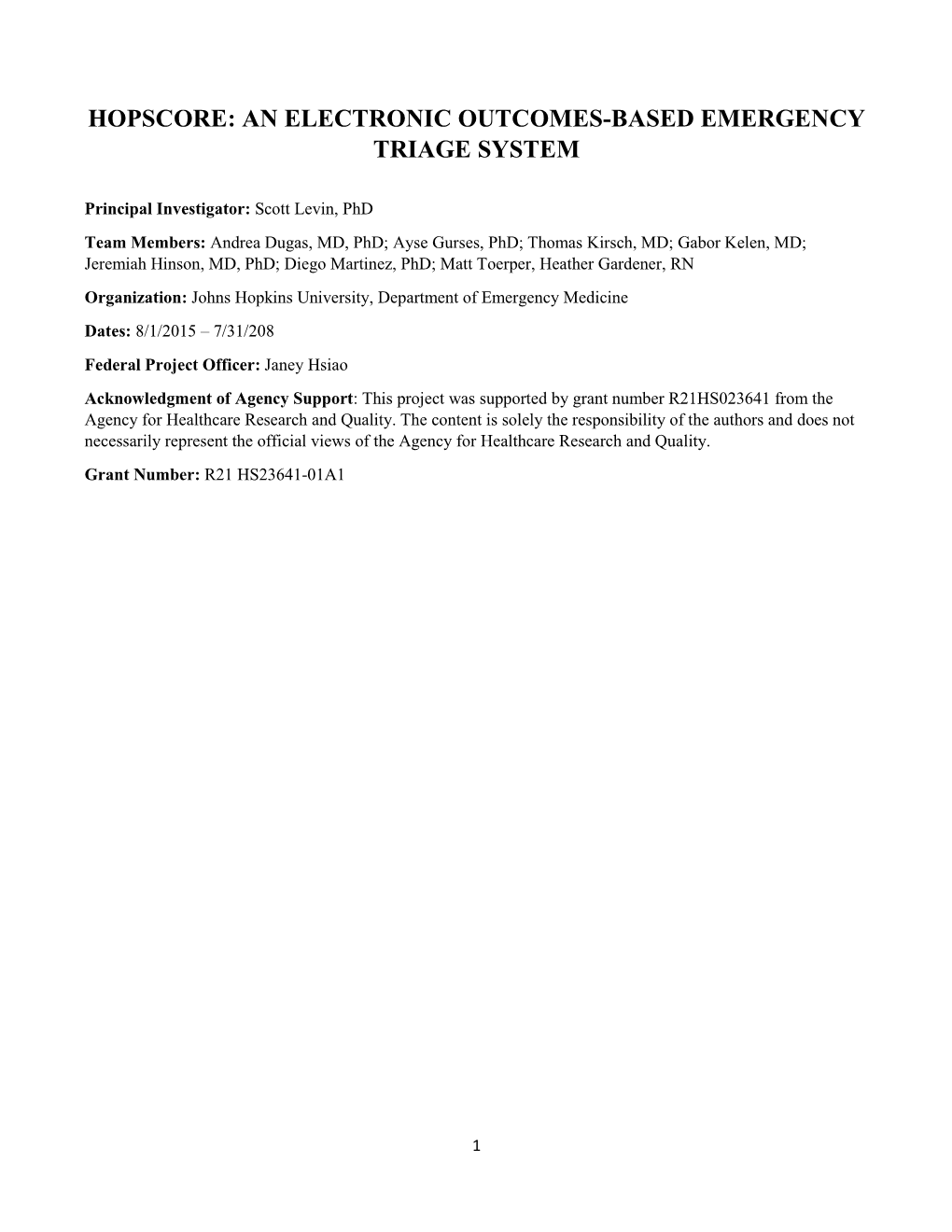 Hopscore: an Electronic Outcomes-Based Emergency Triage System