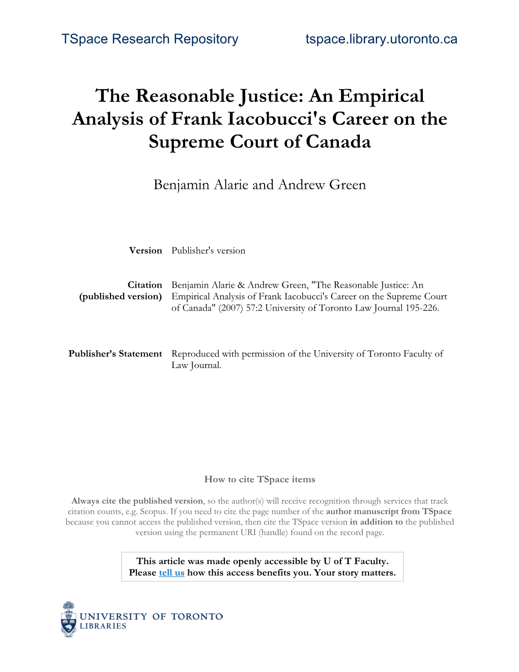 The Reasonable Justice: an Empirical Analysis of Frank Iacobucci's Career on the Supreme Court of Canada