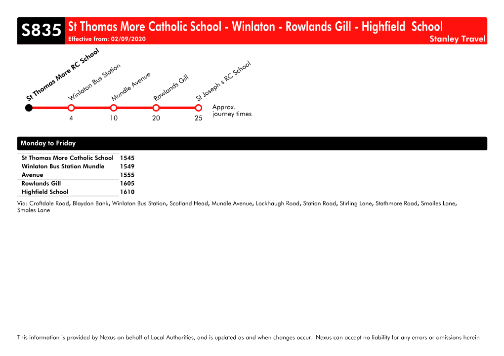 St Thomas More Catholic School - Winlaton - Rowlands Gill - Highfield School Effective From: 02/09/2020 Stanley Travel
