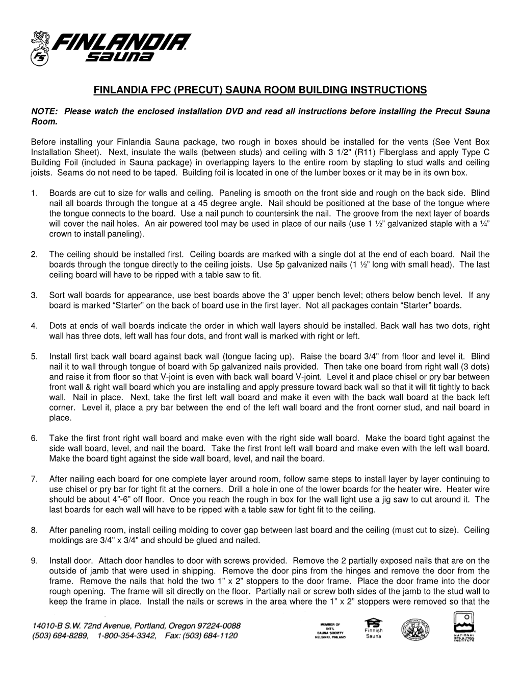 Finlandia Fpc (Precut) Sauna Room Building Instructions