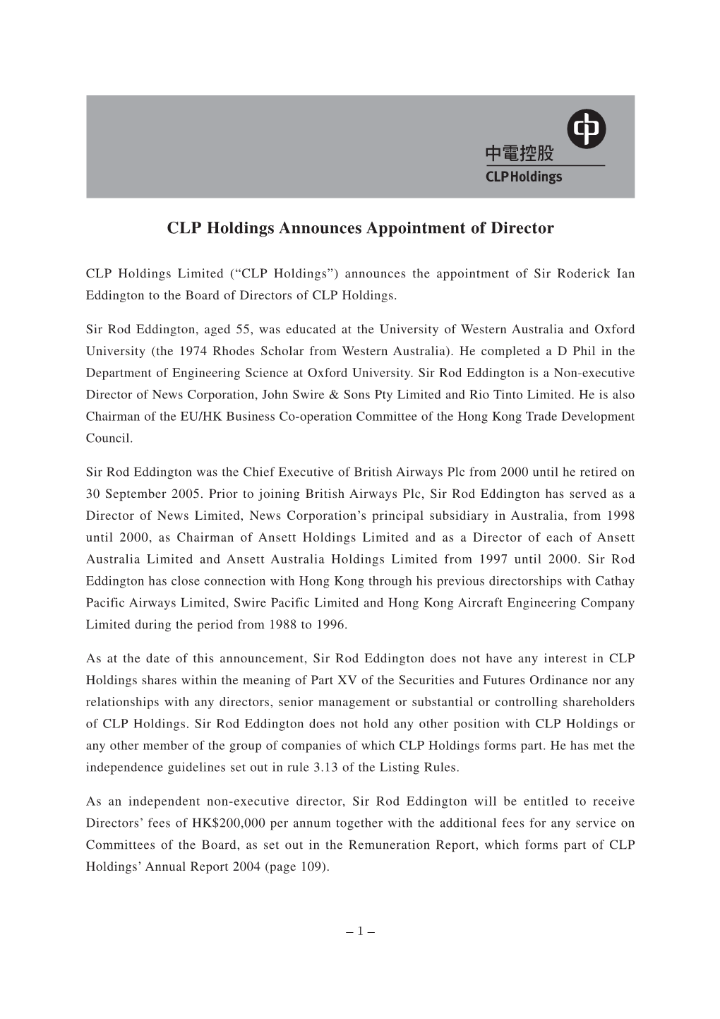 CLP Holdings Announces Appointment of Director